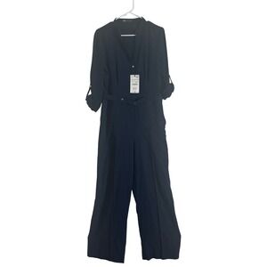 Zara Jumpsuit Women Large Navy Blue New Utility Wide Leg Belted Cargo One Piece